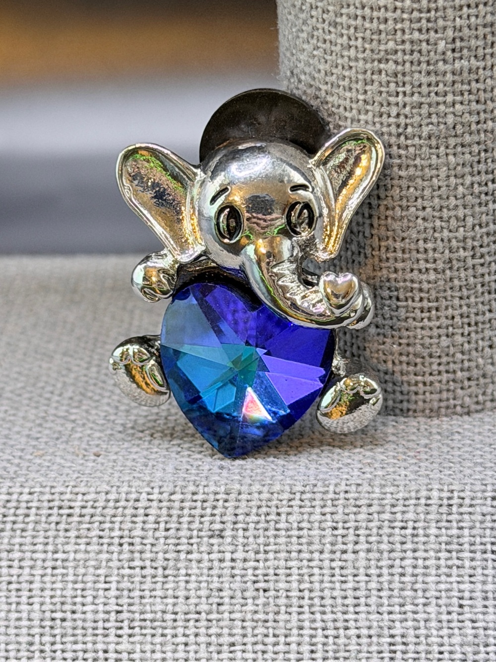 Elephant with Faceted Blue Heart Pin